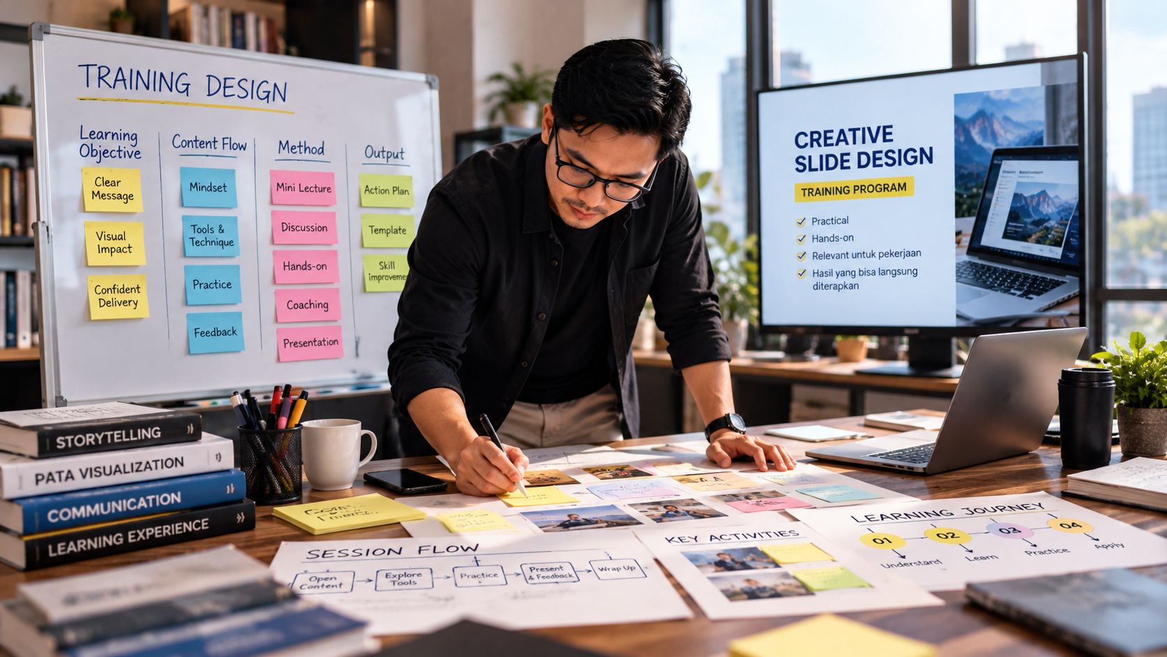 Seorang trainer menyusun desain pelatihan: papan tulis berisi learning objective, content flow, method, dan output, serta lembar session flow dan learning journey di meja
